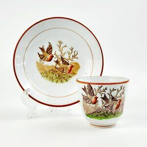 Antique Petrus Regout Demitasse Cup & Saucer Set Bird Design c. Late 1800s Dutch